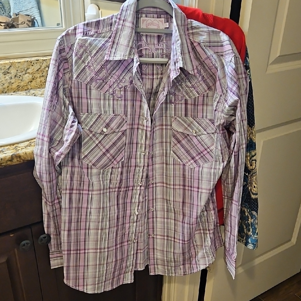 Cowgirl Size Xl Lavender Plaid Button-Down Shirt W Rhinestone Buttons